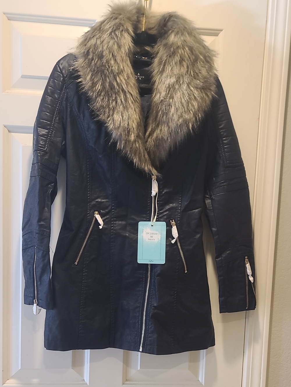 Women’s Navy Faux Leather Jacket with Plush Faux Fur Shawl Collar